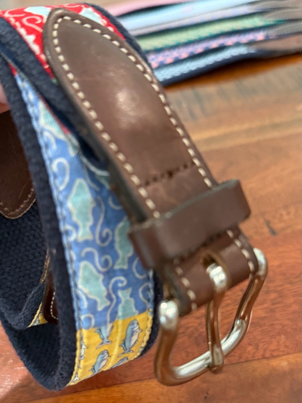 Vineyard Vines Navy Belt Brown Leather Trim & Pink Whale Logo Multi Color 28